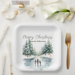 Assiettes En Carton Patinage sur glace à l'aquarelle sur lac gelé Pers
