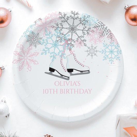 Assiettes En Carton Patinage sur glace Snowflakes Pink bleu argent par