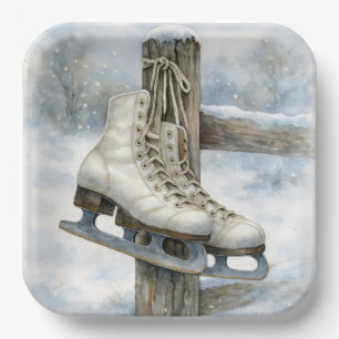 Assiettes En Carton Patins à glace vintage de Noël sur un poteau de cl