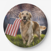 Assiettes En Carton Patriotique Golden Retriever avec feux d'artifice (Devant)