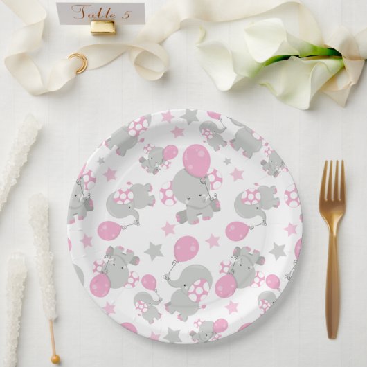 Assiettes En Carton Pattern of Elephants, Cute Elephants - Pink Gray (Mariage)