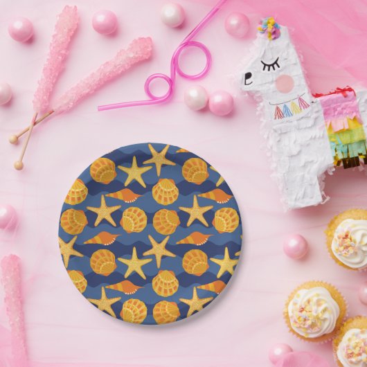 Assiettes En Carton Patters bleus et orange Seashell (Fête)