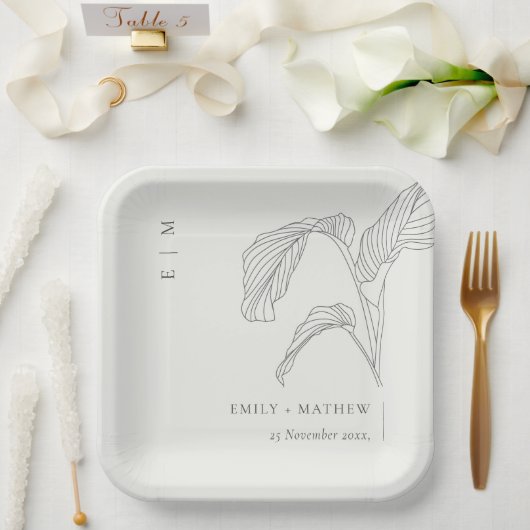 Assiettes En Carton Paume feuilleté minimum croquis noir Mariage blanc (Mariage)