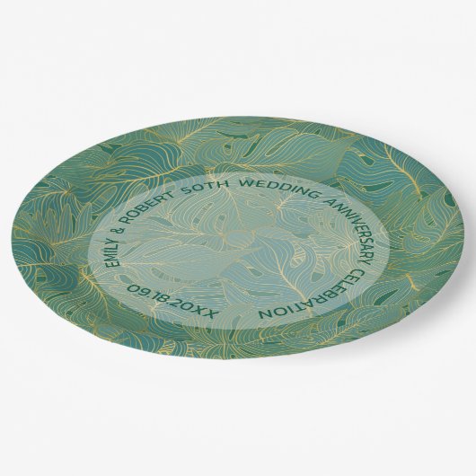 Assiettes En Carton Paume vert et or feuille motif (Angle)