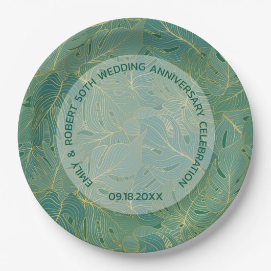 Assiettes En Carton Paume vert et or feuille motif (Devant)