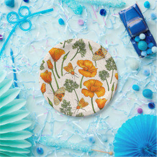 Assiettes En Carton Pavot de Californie et papillons de nuit sur blanc