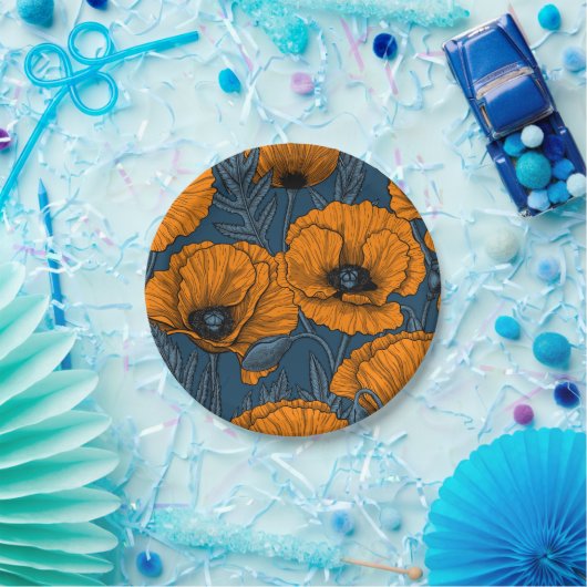 Assiettes En Carton Pavot orange sur bleu foncé (Fête)