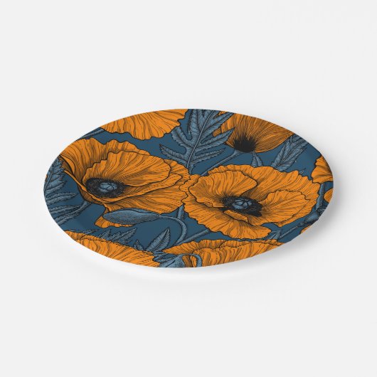 Assiettes En Carton Pavot orange sur bleu foncé (Angle)