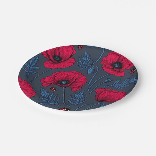 Assiettes En Carton Pavot rouge et coccinelle bleu foncé (Angle)