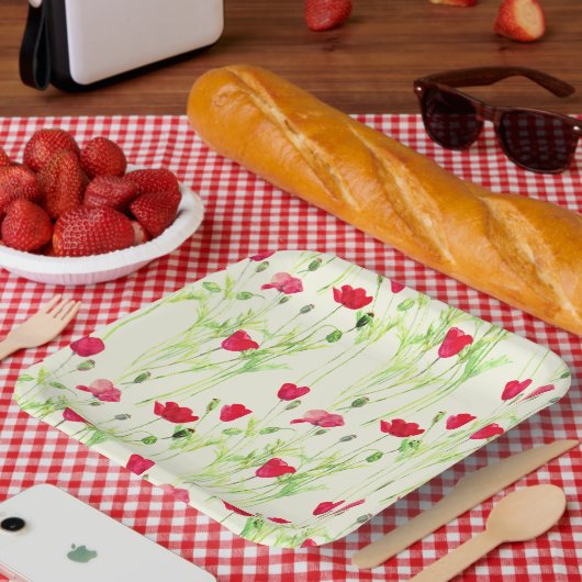 Assiettes En Carton Pavot rouge prairie estivale, fleurs sauvages (Pique-nique)