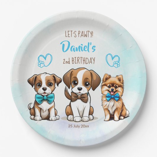 Assiettes En Carton Pawty bleu mignon chiots d'anniversaire imprimé (Devant)
