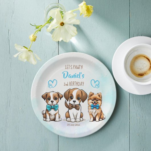 Assiettes En Carton Pawty bleu mignon chiots d'anniversaire imprimé