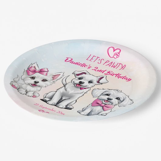 Assiettes En Carton Pawty rose mignon chiots d'anniversaire imprimé (Angle)