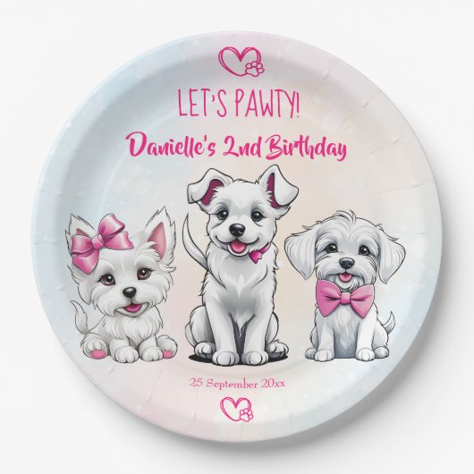 Assiettes En Carton Pawty rose mignon chiots d'anniversaire imprimé (Devant)