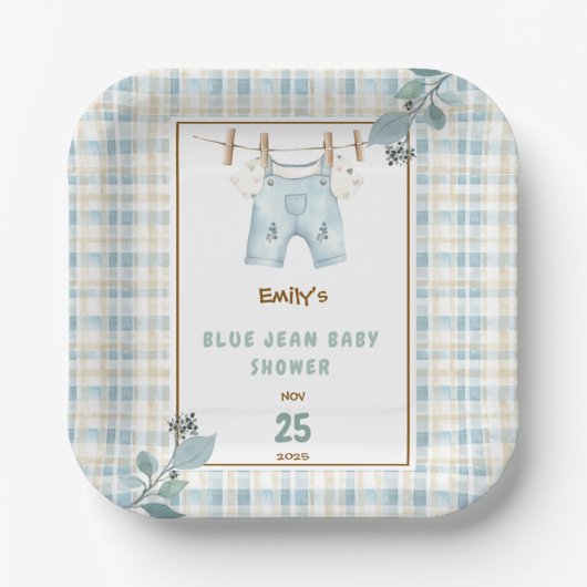 Assiettes En Carton Pays En vichy Blue Jean Baby shower Bienvenue (Recto)