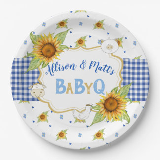 Assiettes En Carton Pays Fleur de Tournesol Gingham Bleu Bébé Q Barbeq