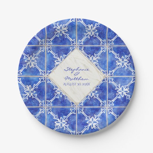 Assiettes En Carton Pays rustique de tuile d'aquarelle blanche bleue (Devant)