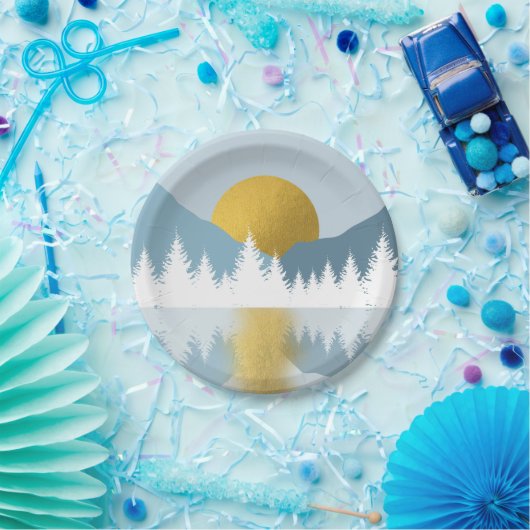 Assiettes En Carton Paysage Abstrait Soleil d'hiver d'or (Fête)