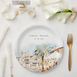Assiettes En Carton Paysage aquarelle de mariage à Majorque, Espagne