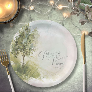 Assiettes En Carton Paysage aquarelle M. & Mme Sage Green ID786