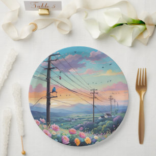 Assiettes En Carton Paysage De Campagne Pastel Avec Oiseau Bleu Sur Fi