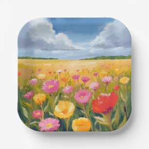Assiettes En Carton Paysage de champ de fleurs Peinture aquarelle