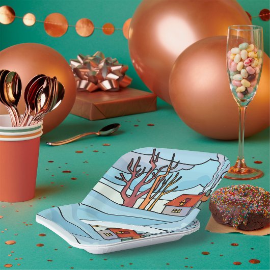 Assiettes En Carton Paysage de la maison d'hiver
