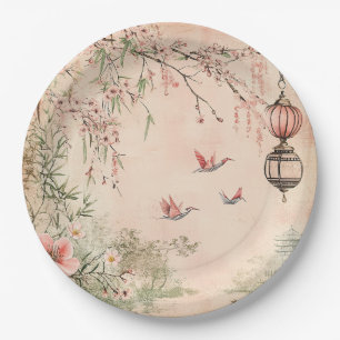 Assiettes En Carton Paysage de sérénité aux cerisiers en fleurs roses