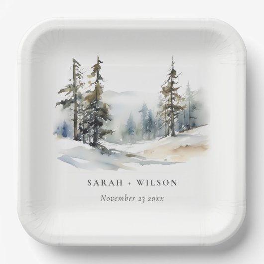 Assiettes En Carton Paysage des neiges d'hiver Mariage d'aquarelle (Recto)
