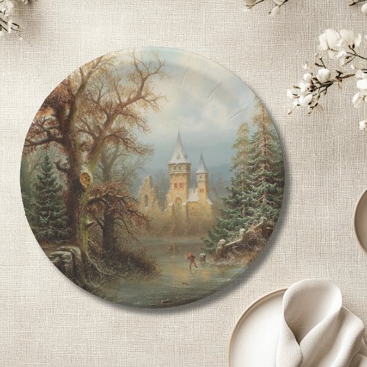 Assiettes En Carton Paysage d'hiver romantique avec patineurs de glace