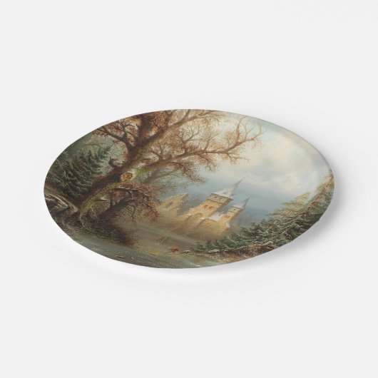 Assiettes En Carton Paysage d'hiver romantique avec patineurs de glace (Angle)