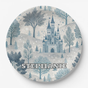 Assiettes En Carton Paysage du château d'hiver en bleu et gris