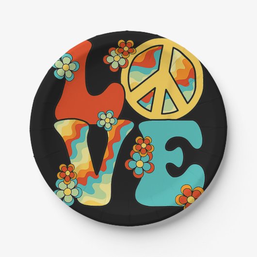 Assiettes En Carton PEACE SIGN LOVE 60s 70s Tie Dye Hippie Halloween C (Devant)