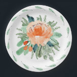 Assiettes En Carton Peach Jade Turquoise Floral Aquarelle Mariage<br><div class="desc">Une aquarelle de fleurs élégantes dans les tons de pêche à l'orange parée de feuillage vert turquoise à jade et une couronne de feuille jante le bord extérieur de ces plaques de papier - disponible en 2 tailles. **CONSEIL : Cliquez sur le bouton PERSONNALISER pour MODIFIER la couleur blanche de...</div>