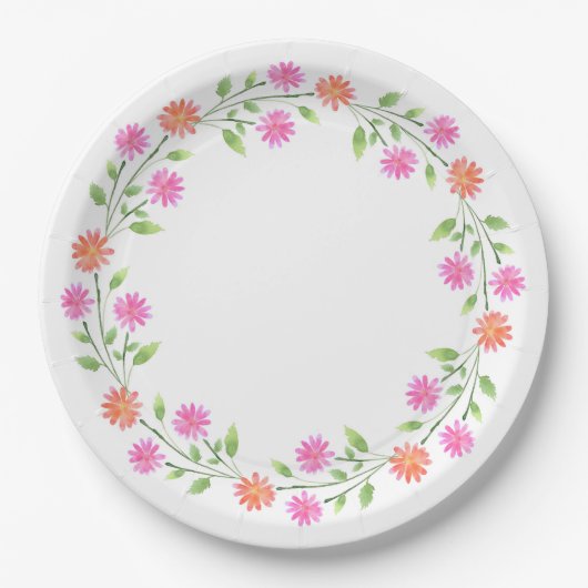Assiettes En Carton Peach & Pink Watercolor Daisées Wreath (Devant)
