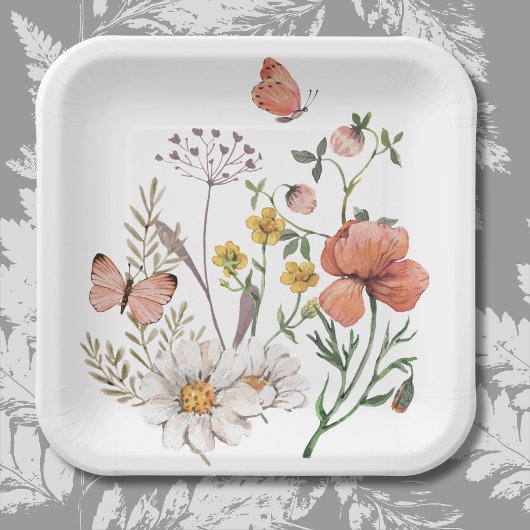 Assiettes En Carton Peach rose Fleur sauvage Carré