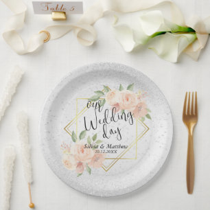 Assiettes En Carton Peach Watercolor Floral et Parties scintillant bla