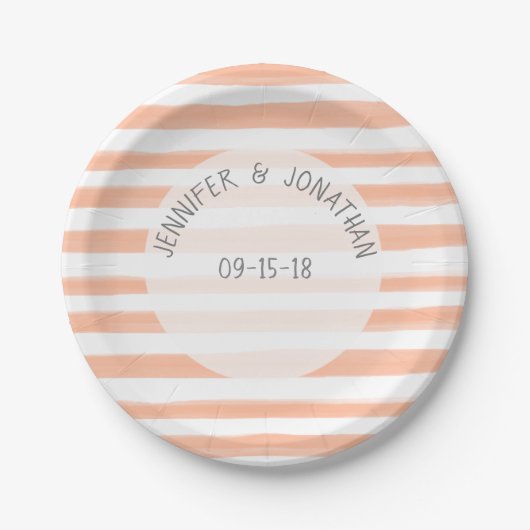 Assiettes En Carton Peach Watercolor Stripes Sud-Ouest Mariage (Devant)