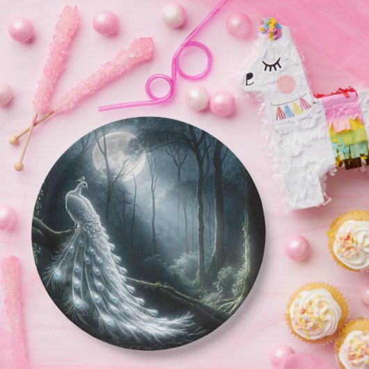 Assiettes En Carton Peacock Blanc Dans La Forêt Lune (Fête)
