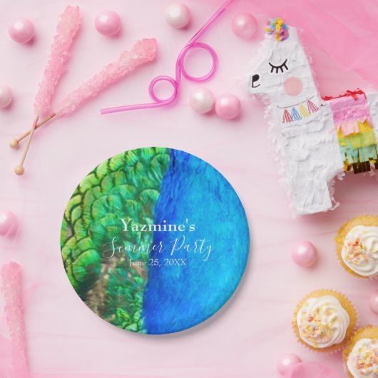 Assiettes En Carton Peacock Blue Green Feather Texture Vibes d'été (Fête)