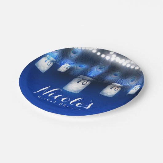 Assiettes En Carton Peacock Feathers, Mason Jar & String Lights Party (Angle)