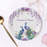 Assiettes En Carton Peacock fleurs violettes mariage indien vaisselle<br><div class="desc">Aquarelle Peacock et fleurs violettes mariage indien vaisselle personnalisée de fête assiettes. Deux beaux paons violet fleurs de jasmin glyteria suspendus fleurs et guirlandes plaques modèles</div>