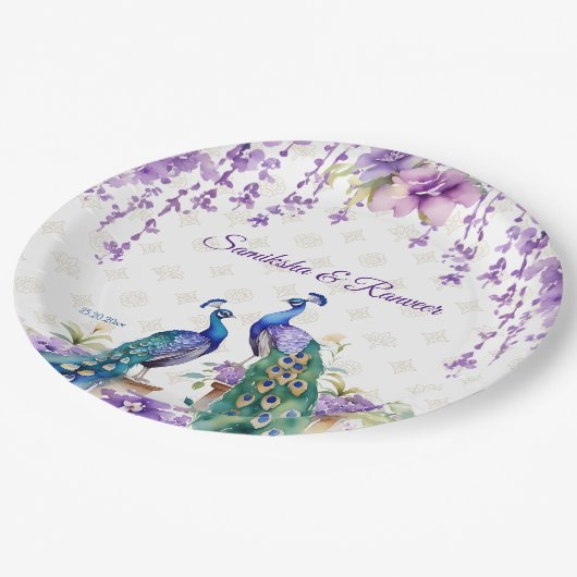 Assiettes En Carton Peacock fleurs violettes mariage indien vaisselle (Angle)