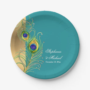 Assiettes En Carton Peacock moderne plumes Faux Jewel Scroll Mariage