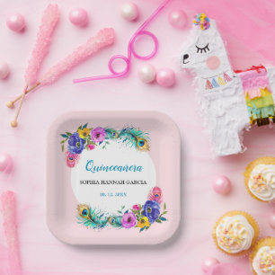 Assiettes En Carton Peacock Plumes & Fleurs Quinceañera Blush Pink