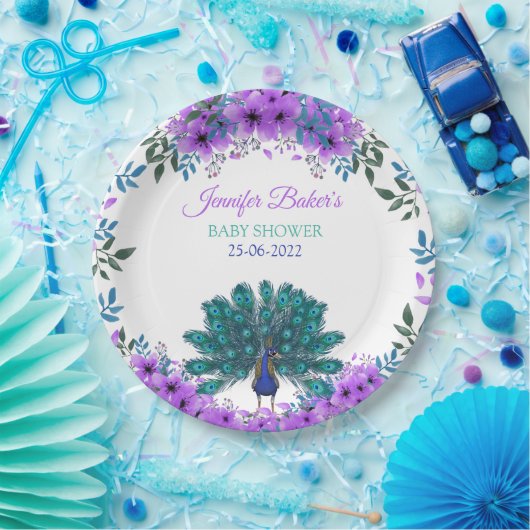 Assiettes En Carton Peacock vert et bleu | Fleurs d'aquarelle violette (Fête)