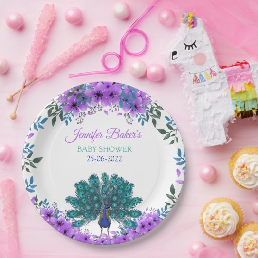 Assiettes En Carton Peacock vert et bleu | Fleurs d'aquarelle violette (Fête)