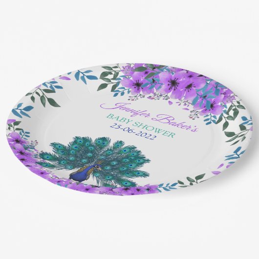 Assiettes En Carton Peacock vert et bleu | Fleurs d'aquarelle violette (Angle)
