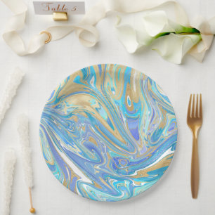 Assiettes En Carton Pearlescent Aqua & Gold en marbre liquide