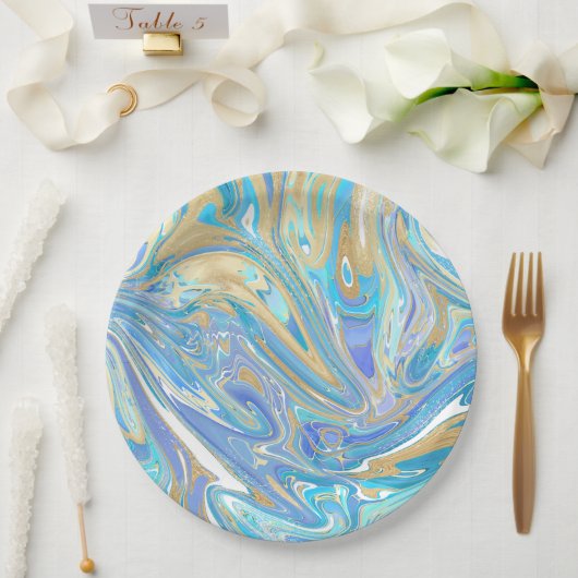 Assiettes En Carton Pearlescent Aqua & Gold en marbre liquide (Mariage)